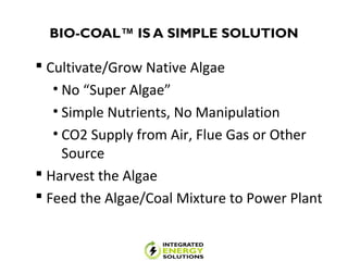 BIO-COAL™ IS A SIMPLE SOLUTION
 Cultivate/Grow Native Algae
• No “Super Algae”
• Simple Nutrients, No Manipulation
• CO2 Supply from Air, Flue Gas or Other
Source
 Harvest the Algae
 Feed the Algae/Coal Mixture to Power Plant
 