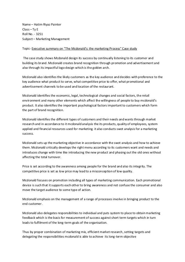 executive summary on the mcdonald marketing process how to write a business plan executive summary
