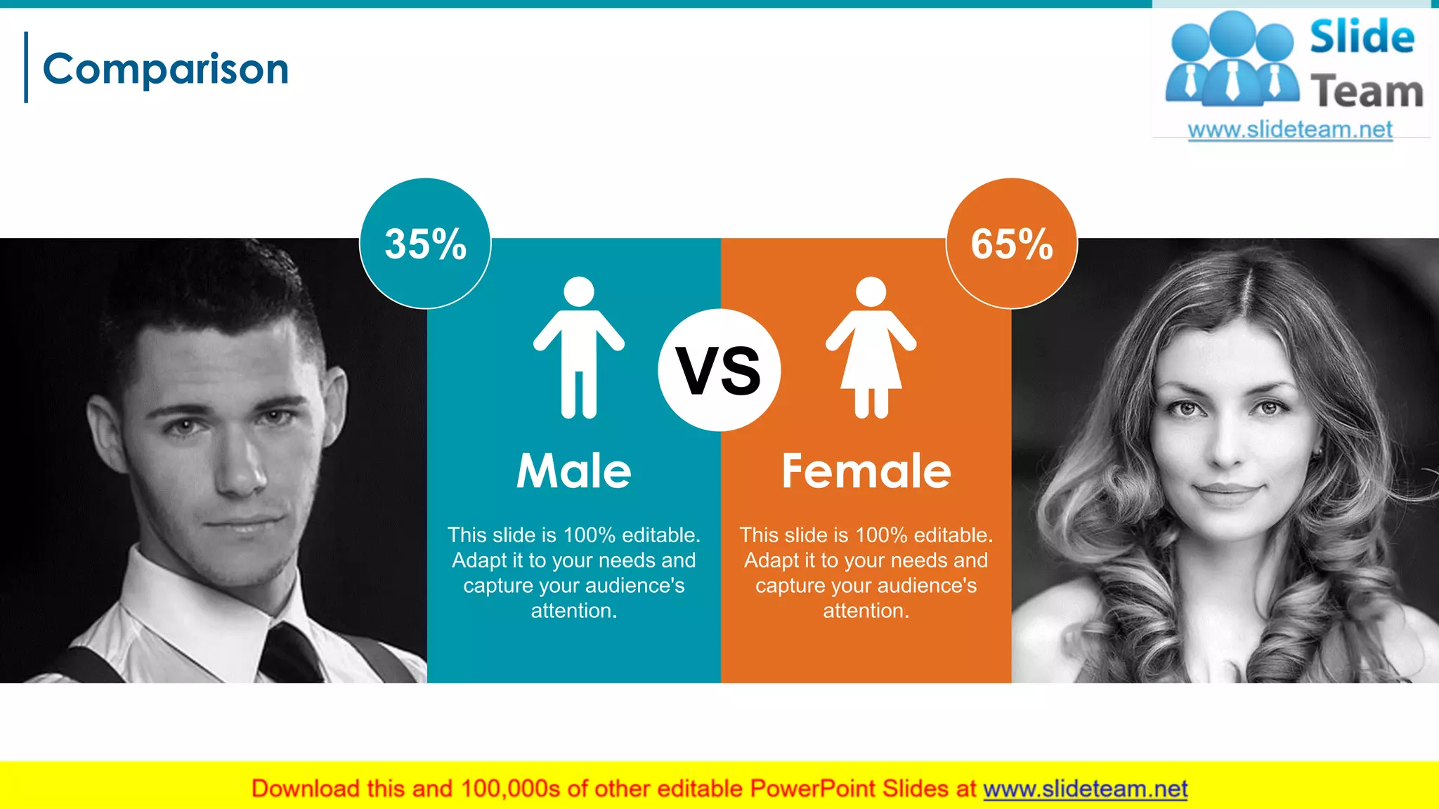 Comparison
19
VS
Female
This slide is 100% editable.
Adapt it to your needs and
capture your audience's
attention.
Male
This slide is 100% editable.
Adapt it to your needs and
capture your audience's
attention.
35% 65%
 
