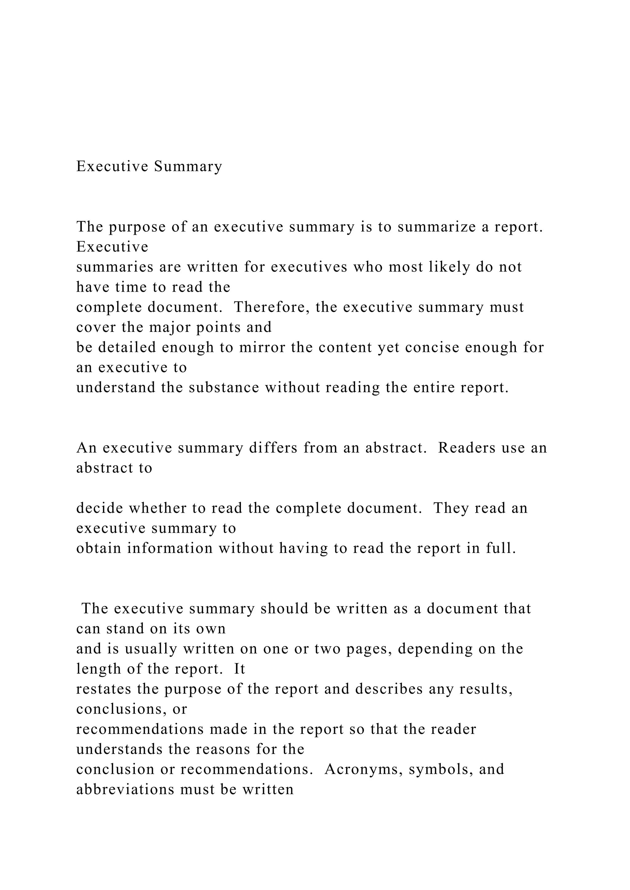 Executive Summary The purpose of an executive summary i.docx