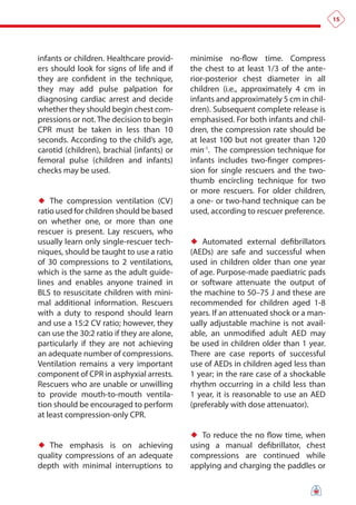 15




infants or children. Healthcare provid-     minimise no-flow time. Compress
ers should look for signs of life and if    the chest to at least 1/3 of the ante-
they are confident in the technique,        rior-posterior chest diameter in all
they may add pulse palpation for            children (i.e., approximately 4 cm in
diagnosing cardiac arrest and decide        infants and approximately 5 cm in chil-
whether they should begin chest com-        dren). Subsequent complete release is
pressions or not. The decision to begin     emphasised. For both infants and chil-
CPR must be taken in less than 10           dren, the compression rate should be
seconds. According to the child’s age,      at least 100 but not greater than 120
carotid (children), brachial (infants) or   min-1. The compression technique for
femoral pulse (children and infants)        infants includes two-finger compres-
checks may be used.                         sion for single rescuers and the two-
                                            thumb encircling technique for two
                                            or more rescuers. For older children,
♦♦ The compression ventilation (CV)         a one- or two-hand technique can be
ratio used for children should be based     used, according to rescuer preference.
on whether one, or more than one
rescuer is present. Lay rescuers, who
usually learn only single-rescuer tech-     ♦♦ Automated external defibrillators
niques, should be taught to use a ratio     (AEDs) are safe and successful when
of 30 compressions to 2 ventilations,       used in children older than one year
which is the same as the adult guide-       of age. Purpose-made paediatric pads
lines and enables anyone trained in         or software attenuate the output of
BLS to resuscitate children with mini-      the machine to 50–75 J and these are
mal additional information. Rescuers        recommended for children aged 1-8
with a duty to respond should learn         years. If an attenuated shock or a man-
and use a 15:2 CV ratio; however, they      ually adjustable machine is not avail-
can use the 30:2 ratio if they are alone,   able, an unmodified adult AED may
particularly if they are not achieving      be used in children older than 1 year.
an adequate number of compressions.         There are case reports of successful
Ventilation remains a very important        use of AEDs in children aged less than
component of CPR in asphyxial arrests.      1 year; in the rare case of a shockable
Rescuers who are unable or unwilling        rhythm occurring in a child less than
to provide mouth-to-mouth ventila-          1 year, it is reasonable to use an AED
tion should be encouraged to perform        (preferably with dose attenuator).
at least compression-only CPR.

                                            ♦♦ To reduce the no flow time, when
♦♦ The emphasis is on achieving             using a manual defibrillator, chest
quality compressions of an adequate         compressions are continued while
depth with minimal interruptions to         applying and charging the paddles or
 