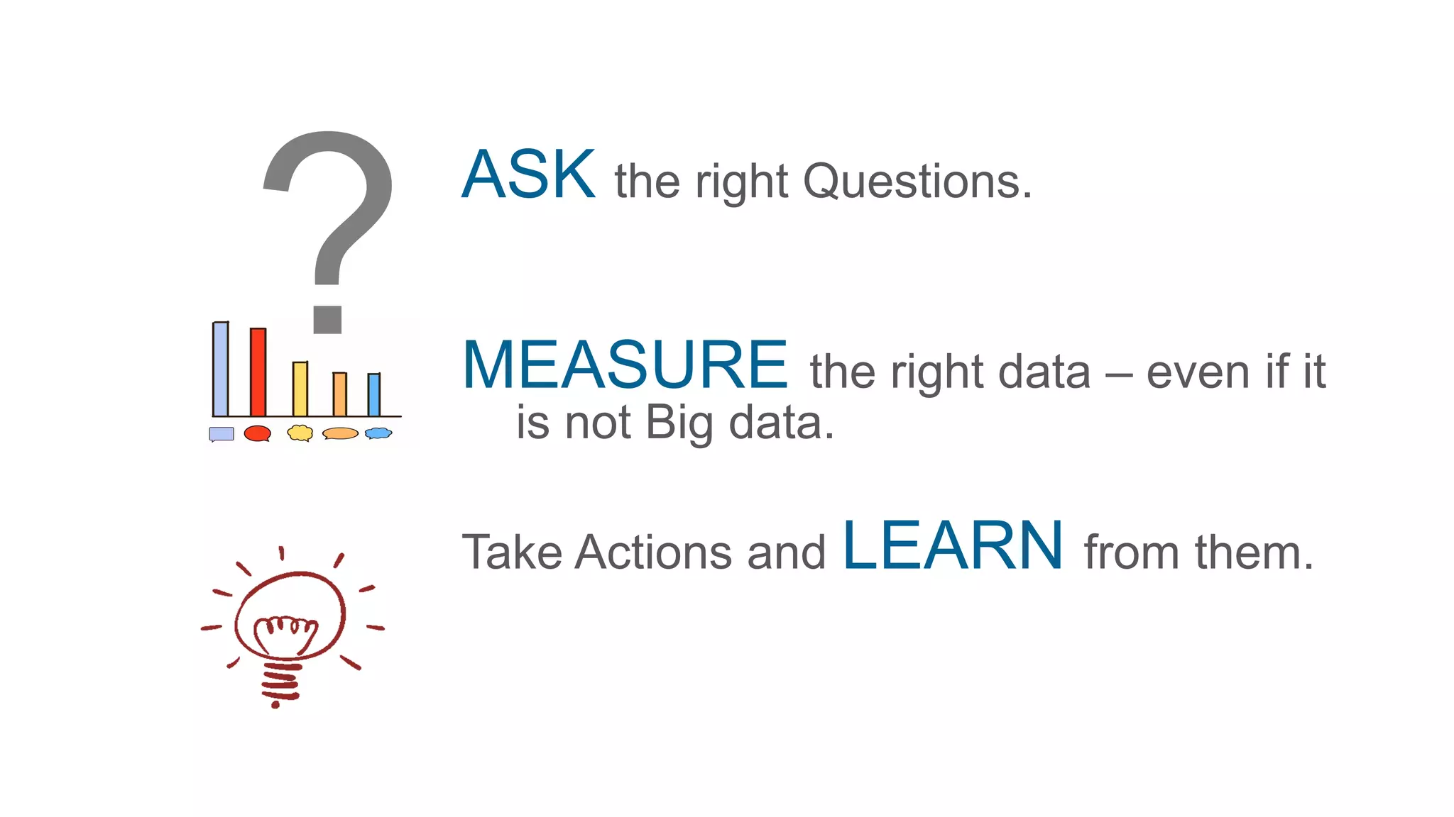 ASK the right Questions.
MEASURE the right data – even if it
is not Big data.
Take Actions and LEARN from them.
 