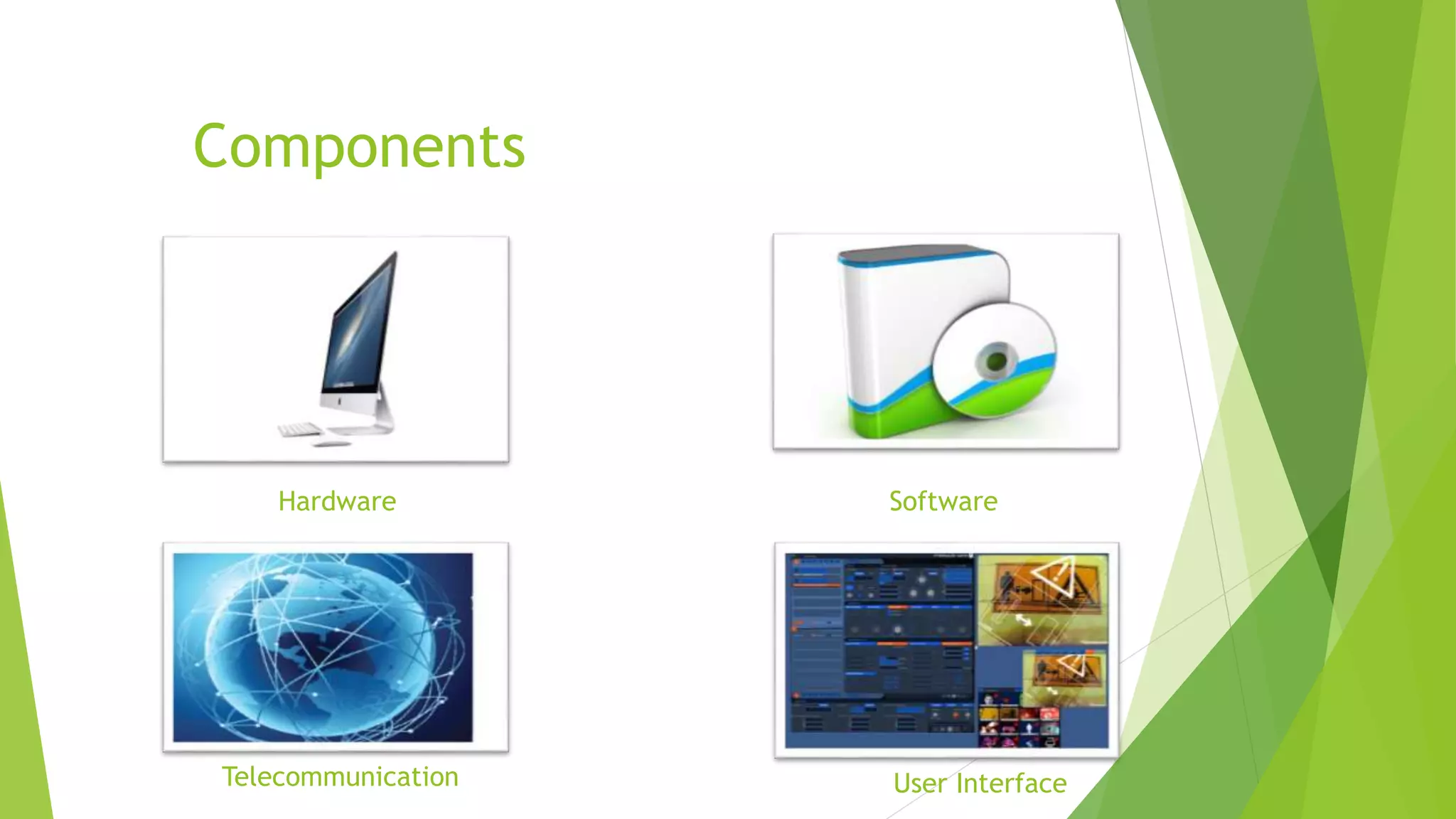Components
Hardware Software
User InterfaceTelecommunication
 