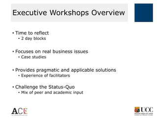 Executive Workshops Overview
• Time to reflect
• 2 day blocks

• Focuses on real business issues
• Case studies

• Provides pragmatic and applicable solutions
• Experience of facilitators

• Challenge the Status-Quo
• Mix of peer and academic input

 