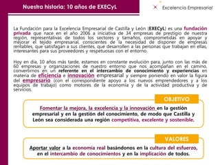 La Fundación para la Excelencia Empresarial de Castilla y León (EXECyL) es una fundación
privada que nace en el año 2006 a iniciativa de 34 empresas de prestigio de nuestra
región, representativas de todos los sectores y tamaños, comprometidas en apoyar y
mejorar el tejido empresarial, conscientes de la necesidad de disponer de empresas
rentables, que satisfagan a sus clientes, que desarrollen a las personas que trabajan en ellas,
interesantes para sus proveedores y respetuosas con el entorno.
Hoy en día, 10 años más tarde, estamos en constante evolución para, junto con las más de
60 empresas y organizaciones de nuestro entorno que nos acompañan en el camino,
convertirnos en un referente en el intercambio de conocimiento y experiencias en
materia de eficiencia e innovación empresarial y siempre poniendo en valor la figura
del empresario (con el correspondiente apoyo a los nuevos emprendedores y a los
equipos de trabajo) como motores de la economía y de la actividad productiva y de
servicios.
Fomentar la mejora, la excelencia y la innovación en la gestión
empresarial y en la gestión del conocimiento, de modo que Castilla y
León sea considerada una región competitiva, excelente y sostenible.
OBJETIVO
Aportar valor a la economía real basándonos en la cultura del esfuerzo,
en el intercambio de conocimientos y en la implicación de todos.
VALORES
Nuestra historia: 10 años de EXECyL
 