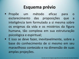 Esquema prévio
 Propõe um método eficaz para o
esclarecimento das proposições que a
inteligência tem formulado a si mesma sobre
os enigmas da vida e os mistérios da figura
humana, tão complexa em sua estruturação
psicológica e espiritual;
 E isso se deve fazer, inevitavelmente, sobre a
base do conhecimento de si mesmo em seu
maravilhoso conteúdo e na dimensão de suas
amplas projeções.
Extraído do livro Exegese Logosófica de Carlos Bernado González Pecotche
 