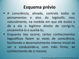 Esquema prévio
 A consciência, ativada, controla todos os
pensamentos e atos do logósofo; isso,
naturalmente, na medida em que ele evolui e
dá a ela o legítimo direito de corrigi-lo,
encaminhá-lo e auxiliá-lo;
 Enquanto isto ocorre, certos conhecimentos
logosóficos fazem as vezes de consciência,
facilitando o desenvolvimento interno inicial do
ser e conduzindo-o, com mão firme, ao
conhecimento de si mesmo.
Extraído do livro Exegese Logosófica de Carlos Bernado González Pecotche
 