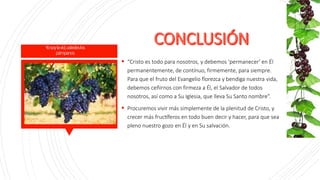 Yosoylavid,ustedeslos
pámpanos
 “Cristo es todo para nosotros, y debemos 'permanecer' en Él
permanentemente, de contínuo, firmemente, para siempre.
Para que el fruto del Evangelio florezca y bendiga nuestra vida,
debemos ceñirnos con firmeza a Él, el Salvador de todos
nosotros, así como a Su Iglesia, que lleva Su Santo nombre”.
 Procuremos vivir más simplemente de la plenitud de Cristo, y
crecer más fructíferos en todo buen decir y hacer, para que sea
pleno nuestro gozo en Él y en Su salvación.
 