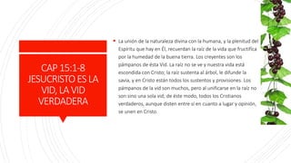 CAP15:1-8
JESUCRISTOESLA
VID,LAVID
VERDADERA
 La unión de la naturaleza divina con la humana, y la plenitud del
Espíritu que hay en Él, recuerdan la raíz de la vida que fructifíca
por la humedad de la buena tierra. Los creyentes son los
pámpanos de ésta Vid. La raíz no se ve y nuestra vida está
escondida con Cristo; la raíz sustenta al árbol, le difunde la
savia, y en Cristo están todos los sustentos y provisiones. Los
pámpanos de la vid son muchos, pero al unificarse en la raíz no
son sino una sola vid; de éste modo, todos los Cristianos
verdaderos, aunque disten entre sí en cuanto a lugar y opinión,
se unen en Cristo.
 