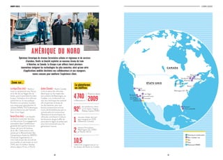 18 19
GROUPE KEOLIS L’ESSENTIEL 2016/2017
Opérateur historique de réseaux ferroviaires urbains et régionaux et de services
d’autobus, Keolis va bientôt exploiter un nouveau réseau de tram
à Waterloo, au Canada. Le Groupe a par ailleurs lancé plusieurs
innovations intégrant les technologies les plus avancées, ainsi qu’une série
d’applications mobiles destinées aux collaborateurs et aux voyageurs,
toutes conçues pour améliorer l’expérience client.
AMÉRIQUE DU NORD
La plateforme
en chiffres
Zoom sur…
LasVegas(États-Unis)– Keolis a
noué un partenariat avec Navya
et la ville de Las Vegas afin de
tester, pour la première fois dans
le pays, l’utilisation d’un véhicule
autonome sur la voie publique.
Pendant une semaine, le public
a pu emprunter gratuitement la
navette ARMA, 100 % électrique,
dans le district test de Fremont
East, à Las Vegas.
Boston(États-Unis)–Les équipes
de Keolis Commuter Services
ont fait preuve d’un engagement
exemplaire dans l’amélioration
générale de la performance du
réseau de trains de banlieue
de la ville. Cette action a été
saluée par la Massachusetts Bay
Transportation Authority (MBTA),
l’Autorité Organisatrice, et
s’est traduite par des records de
ponctualité, en particulier en avril
2016, avec le meilleur résultat
obtenu depuis 13 ans, à 95,3 %.
Québec(Canada)– Keolis Canada
a mis en place des véhicules
électriques sur les trajets des
bus scolaires de Repentigny, au
Québec. Les conducteurs ont
revu leur technique de conduite
afin d’optimiser la durée de
vie des batteries, pour que
les bus consomment encore
moins de kilowattheures que ce
qu’avait prévu le constructeur.
Silencieux et économiques, les
véhicules contribuent à réduire
les émissions de gaz à effet de
serre dans la région et préservent
ainsi l’environnement pour les
générations futures.
10,5millions de voyageurs par an sur
les réseaux de Keolis au Canada
4 740collaborateurs 2009
Présence depuis
2
réseaux ferroviaires :
Washington DC (VRE)
et Boston (KCS)
92% de satisfaction client
sur le réseau Virginia
Railway Express (VRE)
1
nouveau réseau de tram
sera inauguré en 2018
(Waterloo, Canada)
CANADA
ÉTATS-UNIS
Tramway en construction
Bus / navette / car
Taxi
Train
Paratransit (PMR)
Martinez
Fresno
Las Vegas
Burbank
Van Nuys
Los Angeles
Anaheim
Monrovia/Covina
Pompano
Repentigny
Rimouski
Québec
Terrebonne
Montréal
Waterloo
Washington DC
Boston
Fort Lauderdale
Lancaster
 