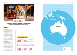 20 21
GROUPE KEOLIS L’ESSENTIEL 2016/2017
En remportant le premiercontrat multimodal dans le pays, Keolis a renforcé
sa présence sur le territoire en tant que premier acteur privé.
AUSTRALIE
Zoom sur…
Newcastle(Australie)–Keolis Downer
a remporté un contrat de dix ans
portant sur l’exploitation d’un
nouveau système de transport
public intégré, à Newcastle, ville
de 360 000 habitants située
au nord de Sydney. Il s’agit du
premier réseau multimodal confié
à un opérateur privé dans le pays.
Le contrat prévoit l’exploitation
et la maintenance des bus, des
ferries et d’un nouveau réseau de
tramway. Il entrera en vigueur en
juillet 2017.
GoldCoast(Australie)–Keolis Downer,
qui exploite actuellement le
réseau de tramway de Gold Coast
G:link, a été choisi pour assurer
l’exploitation et la maintenance de
la première extension du réseau.
D’une longueur de 7,3 km, celle-ci
doit entrer en exploitation en 2018.
L’extension comprendra trois
nouvelles stations, des parcs de
stationnement relais et la mise en
service de quatre nouveaux trams.
Présence depuis
2009
4 100collaborateurs
500trams
970bus
250 km
5 états couverts : Queensland, Nouvelle-Galles du Sud,
Victoria, Australie-Méridionale et Australie-Occidentale
de voies pour le
réseau de tram de
Melbourne, le plus
grand au monde
Tramway
Bus / navette / car
Ferry
Gold Coast
Brisbane
Adélaïde
Perth
Melbourne
Newcastle
AUSTRALIE
La plateforme en chiffres
 