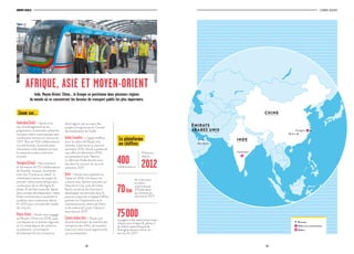 22 23
GROUPE KEOLIS L’ESSENTIEL 2016/2017
Inde, Moyen-Orient, Chine... le Groupe se positionne dans plusieurs régions
du monde où se concentrent les besoins de transport public les plus importants.
AFRIQUE, ASIE ET MOYEN-ORIENT
La plateforme
en chiffres
Zoom sur…
Hyderabad(Inde)– Après trois
ans d’aménagement et de
préparation, la première phase du
nouveau métro automatique sans
conducteur entrera en service en
2017. Plus de 500 collaborateurs
ont été formés, la certification
nécessaire a été obtenue et tout
le matériel roulant a été livré
et testé.
Shanghai(Chine)–Recrutement
et formation de 152 collaborateurs
de Shenkai, livraison du premier
train (sur 11 prévus au total) : la
mobilisation autour du projet du
premier métro automatique sans
conducteur de la ville (ligne 8,
phase 3) est bien avancée. Après
deux années de préparation, cette
filiale commencera à exploiter le
système sans conducteur dès la
fin 2017 pour une période initiale
de cinq ans.
Moyen-Orient– Keolis s’est engagé
au Moyen-Orient en 2014, avec
une équipe et un bureau régional,
et n’a cessé depuis de renforcer
sa présence. Le transport,
étroitement lié à la croissance
de la région, est au cœur des
projets à long terme du Conseil
de coopération du Golfe.
ArabieSaoudite– L’appel d’offres
pour le métro de Riyad, très
attendu, a été lancé au second
semestre 2016. Keolis a présenté
une offre en décembre 2016
en partenariat avec Nesma.
La décision finale devrait avoir
lieu dans le courant du second
semestre 2017.
Qatar– Keolis s’est implanté au
Qatar en 2016, à la faveur du
contrat avec Siemens portant sur
Education City, près de Doha.
Keolis continue de chercher à
développer ses activités dans le
pays et a répondu à l’appel d’offres
portant sur l’exploitation et la
maintenance du métro de Doha
et du métro de Lusail. Décision
attendue en 2017.
ÉmiratsArabesUnis– Keolis suit
de près l’évolution du marché des
transports des EAU, de manière
à pouvoir saisir toute opportunité
qui se présentera.
400collaborateurs 2012
Présence
depuis
70 km
de voies pour
le métro
automatique
d’Hyderabad
qui entrera en
service en 2017
75 000voyageurs devraient emprunter
chaque jour la ligne 8, phase 3
du métro automatique de
Shanghai devant entrer en
service fin 2017
� Bureaux
Métro en construction
Métro
INDE
ÉMIRATS
ARABES UNIS
CHINE
Hyderabad
Abu Dhabi
Wuhan
Shanghai
�
�
�
 
