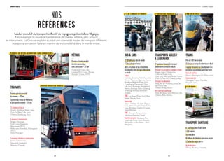 24 25
GROUPE KEOLIS L’ESSENTIEL 2016/2017
NOS
RÉFÉRENCES
Leader mondial du transport collectif de voyageurs présent dans 16 pays,
Keolis exploite et assure la maintenance de réseaux urbains, péri-urbains
et interurbains. Le Groupe exploite au total une dizaine de modes de transport différents
et exporte son savoir-faire en matière de multimodalité dans le monde entier.
TRAMWAYS
—
Premieropérateurmondial
dutramway–797 km
ExploitantduréseaudeMelbourne,
leplusgrandaumonde–250 km
11réseauxenFrance
Angers, Bordeaux, Brest, Caen,
Dijon, Le Mans, Lille, Lyon,
Orléans, Strasbourg, Tours
6réseauxàl’international
Bergen (Norvège),
Gold Coast (Australie),
Manchester (R.U.),
Melbourne (Australie), Nottingham
(R.U.),
Porto (Portugal)
3nouveauxréseauxenconstruction
Aarhus (Danemark),
Newcastle (Australie),
Waterloo (Canada)
PREMIER OPÉRATEUR MONDIAL
MÉTROS
—
Pionnieretleadermondial
dumétroautomatique
sansconducteur–137 km
Hyderabad (Inde), Lille,
Londres (R.U.), Lyon, Rennes,
Shanghai (Chine, 2017)
PIONNIER DU MÉTRO AUTOMATIQUE SANS CONDUCTEUR
BUS  CARS
—
23 500véhiculesdanslemonde
N°1del’urbainenFrance
100 %delaflottedebusàStockholm
circulegrâceàdesénergiesalternatives
audiesel
Urbain
Adélaïde, Brisbane, Perth (Australie),
Aix-en-Provence, Bayonne, Beaune,
Bordeaux, Burbank (États-Unis),
Copenhague (Danemark), Dijon,
Lille, Lyon, Montargis, Montbéliard,
Rennes, Borlänge, Falun, Göteborg,
Jönköping, Karlstad, Stockholm
(Suède)…
BHNS : Las Vegas (États-Unis), Metz,
Nîmes, Rennes, Tours…
Interurbain
Alsace, Ardèche, Australie, Belgique,
Eure, Haute-Garonne, Hérault, Jura,
Loire, Morbihan, Québec (Canada),
Seine-Maritime…
CHNS : Beauvais-Amiens, Loire-
Atlantique, Franche-Comté
Navettesaéroport : Bordeaux, Fort
Lauderdale (États-Unis), Marseille,
Montpellier, Le Bus Direct – Paris
Aéroports…
TRANSPORTS AGILES /
À LA DEMANDE
—
1er
opérateurfrançaisdetransport
depersonnesàmobilitéréduite
Transportdepersonnesàmobilitéréduite
Angers, Caen, Châteauroux,
Californie (États-Unis),
Laval, Lens, Lille, Lyon, Île-de-France
(Pam 75, Pam 94), Orléans, Suède…
Transportàlademande
Arras, Aix-en-Provence, Dreux, Île-
de-France, Lille,
Orléans, Roissy, Rouen…
Auto-partage/Covoiturage
Arras, Bordeaux, Lens-Béthune, Lille,
Orléans, Metz, Rennes…
TRAINS
—
Prèsde5 875 kmdevoies
15réseauxenEuropeenAmériqueduNord
1voyageferroviairesur3auRoyaume-Uni
estréalisésurunréseauopéréparKeolis
Trainsdebanlieue
Boston, Washington DC (États-Unis)
Trainsintercités
Allemagne, France, Pays-Bas,
Royaume-Uni
TRANSPORT SANITAIRE
—
N°1enFranceavecKeolisSanté
1650salariés
950véhicules
40millionsdekilomètresparcourusparan
1,2milliondetrajetsparan
Agglomérations
Nantes, Bordeaux, Versailles…
N°1 EN FRANCE
N°1 DE L’URBAIN EN FRANCE 1ER
OPÉRATEUR FRANÇAIS 6 000 KM DE VOIES
 