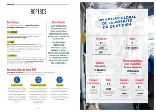 4 5
L’ESSENTIEL 2016/2017
REPÈRES
—
Nos Valeurs
Trois lignes directrices pour guider les actions 
de chaque collaborateur au sein du Groupe.
WE IMAGINE
Inventerdessolutionsdemobilitésurmesure.Innoverenpermanence
pourconcevoirdesoffresdetransportattractives,centréessur
lebien-êtreetleconfortdesvoyageurs.
WE CARE
Placer le passager au cœur de toutes nos actions. Nouer avec
les Autorités Organisatrices des relations partenariales fondées
sur l’écoute et la transparence. Faire du respect de chacun
de nos 58 300 collaborateurs le socle de notre politique
de ressources humaines.
WE COMMIT
Respecter nos engagements auprès des Autorités Organisatrices en
matière de sécurité, de qualité, de fiabilité et d’exploitation opérationnelle.
Agir en toutes circonstances comme un acteur responsable de la ville
et du territoire, au service de la mobilité durable.
Notre Mission
JOUR APRÈS JOUR,
NOUS APPORTONS
DE LA VITALITÉ AUX
TERRITOIRES EN ÉTANT
ATTENTIFS À LA MOBILITÉ
DE CHACUN.
EN AMÉLIORANT
L’EXPÉRIENCE
INDIVIDUELLE DES
PASSAGERS, NOUS
STIMULONS L’USAGE DES
TRANSPORTS PARTAGÉS
ET FAVORISONS AINSI
LE MIEUX-VIVRE DANS
LES TERRITOIRES.
Expérienceclient
Fidèles à notre philosophie Thinking
like a passenger, devenue en 2016
un véritable programme d’actions,
nous plaçons l’expérience client au
centre de toutes nos réflexions et
opérations. Pour offrir à tous les
voyageurs des solutions de mobilité
utiles et simples, mais aussi fluides
et agréables.
Performanceindustrielle 
Exploitation, maintenance, sécurité :
notre premier moteur de
développement réside dans notre
expertise industrielle de tous les
modes de transport, y compris les
plus complexes – comme le métro
automatique ou le ferroviaire –
et les plus innovants – comme
les navettes autonomes
100 % électriques.
Innovation
Dans un monde en transformation
constante, nous innovons en
permanence pour développer les
solutions de transport de demain qui
répondront aux futures attentes des
territoires et des voyageurs,
et rendront toujours plus attractive
la mobilité partagée.
Les trois piliers de notre ADN
Accompagner les territoires dans leurs enjeux environnementaux et démographiques,
en adaptant la mobilité aux évolutions de modes de vie des citoyens.
GROUPE KEOLIS
un acteur global
de la mobilité
du quotidien
_
_
Transport
à la demande
N°1
du transport
de personnes
à mobilité réduite
en France
Vélos
N°2
du vélo en France
17 340
vélos (en libre-service,
en location longue
durée, à assistance
électrique)
Nouvelles
mobilités
N°1
du téléphérique urbain
en France
Leader
du VTC à Paris
avec LeCab
Trains
15
réseaux dans le monde
6 000 kilomètres
de voies ferrées
Bus et Cars
N°1
de l’urbain en France
23 500
véhicules dans le monde
100 %
sans énergie fossile à Stockholm
Tramway
Leadermondial
797 kilomètres
de rails
Métro automatique
sans conducteur
Pionnieretleadermondial
137 kilomètres
de voies
Transport
sanitaire
N°1
en France
avec Keolis Santé
1,2 million
de trajets
par an
 