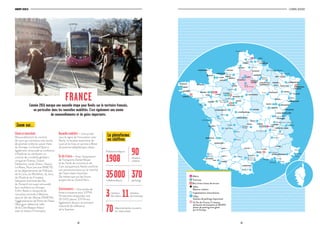 12 13
GROUPE KEOLIS L’ESSENTIEL 2016/2017
CHAUMONT
Avignon
Valence
VienneSt-Étienne
Grenoble
Bellegarde-sur-Valserine
Brive
Cahors
Carcassonne
Bourg-en-Bresse
BESANÇON
Troyes
Belfort
COLMAR
Charleville-Mézières
ValenciennesDouai
Lens
Paris
Île-de-France
Rouen
Chartres
Vendôme
Poitiers
Niort
La Rochelle
Angoulême
Limoges
Clermont-
Ferrand
Saint-Pierre
-des-Corps
Péronne
Reims
Bezanne
Thionville
NÎMES
ALÈS
Cannes
Cassis
Martigues
Marseille
Perpignan
Toulouse
Dax
Biarritz Montpellier
Vitrolles
AntibesAIX-EN-PROVENCE
NARBONNE
MILLAU
LYON
OYONNAX
VICHY
RIOM
MONTLUÇON
LONS-LE-SAULNIER
PONTARLIER
MONTBÉLIARD
ÉPINAL
NANCY SUB
CHÂLONS-EN-
CHAMPAGNE
MAUBEUGEARRAS
AMIENS
CHAUNY
SOISSONS
CHÂTEAU-
THIERRY
CHANTILLY
HONFLEUR
FÉCAMP
ELBEUF
LISIEUX
RENNES
VITRÉ LAVAL
LE MANS
ORLÉANS
MONTARGIS
BLOIS
TOURS
CHÂTELLERAULT
SAINTES
CHÂTEAUROUX
NEVERS
Nantes
ANGERS
ST-MALO
MORLAIX
QUIMPER
LORIENT
Vannes
CAEN
BAYEUX
CHERBOURG
LILLE
OBERNAI
STRASBOURG
SARREBOURG
VESOUL
DIJON
Arc 1950
TARBES
PAU
AUCH
AGEN
BAYONNE
BORDEAUX
MARMANDE
Béziers
PORTE DE L’ISÈRE
MIRIBEL
BEAUNE
Dunkerque
DREUX
BREST
NYONS
Nice
POMPEY
TOUL
METZCREIL
THIERS
BERNAY
L’année 2016 marque une nouvelle étape pour Keolis sur le territoire français,
en particulier dans les nouvelles mobilités. C’est également une année
de renouvellements et de gains importants.
FRANCE
Zoom sur…
Urbainetinterurbain
Renou­­vellement du contrat
de Lyon qui constitue une vitrine
de premier ordre du savoir-faire
du Groupe. Le Grand Dijon a
également renouvelé sa confiance
à Keolis en lui attribuant un
contrat de « mobilité globale »
unique en France. Grand
Narbonne, Laval, Dreux, Vesoul,
Le Mans, Paris (service PAM 75)
et les départements de l’Hérault,
de la Loire, du Morbihan, du Jura,
de l’Aude et du Finistère
(desserte maritime des Îles
du Ponant) ont aussi renouvelé
leur confiance au Groupe.
Enfin, Keolis a remporté de
nouveaux contrats à Beaune,
dans le Val-de-Marne (PAM 94),
l’agglomération de Porte de l’Isère
(Bourgoin Jallieu) et celle
de la Côte Basque Adour
avec le réseau Chronoplus.
Nouvellesmobilités– Une année
sous le signe de l’innovation avec
Navly, la navette autonome de
Lyon et la mise en service à Brest
du premier téléphérique urbain.
Île-de-France– Avec l’acquisition
de Transports Daniel Meyer
et du fonds de commerce de
Cars Jacquemard, Keolis conforte
son positionnement sur le marché
de l’interurbain francilien.
De même que sur les futurs
projets liés au Grand Paris.
Stationnement– Une année de
forte croissance pour EFFIA.
19 marchés remportés, soit
30 000 places. EFFIA est
également devenu actionnaire
industriel de référence
de la Saemes.
La plateforme
en chiffres
370parkings
35 000collaborateurs
90réseaux
urbains1908
Présence depuis
70 départements couverts
en interurbain
3réseaux
de métro 11réseaux
de tramway
Métro
Tramway
Bus à haut niveau de service
� Villes
Réseaux urbains
� Implantations interurbaines
	Villes
Gestion de parkings importants
	En Île-de-France, 11 réseaux
de bassins de transport et 38 000
places de parking sont gérés
par le Groupe
 