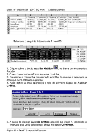 Excel 7.0 - DolphinNet – (014) 372-4496 - Apostila Exemplo




      Selecione o seguinte Intervalo de A1 até E5




1. Clique sobre o botão Auxiliar Gráfico    , na barra de ferramentas
Padrão.
2. O seu cursor se transforma em uma cruzinha;
3. Pressione e mantenha pressionado o botão do mouse e selecione a
área que será colocado o gráfico;
4. Após definir a área aparecerá a tela da primeira Etapa do Auxiliar
Gráfico.




5. A caixa de diálogo Auxiliar Gráfico aparece na Etapa 1, indicando o
   intervalo que você selecionou, clique no botão Continuar.

Página 12 – Excel 7.0 - Apostila Exemplo
 