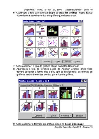 DolphinNet – (014) 372-4497 / 372-5806 - Apostila Exemplo – Excel 7.0
6. Aparecerá a tela da segunda Etapa do Auxiliar Gráfico. Nesta Etapa
   você deverá escolher o tipo do gráfico que deseja usar.




7. Após escolher o tipo do gráfico clique no botão Continuar.
8. Aparecerá a tela da terceira Etapa do Auxiliar Gráfico, onde você
   deverá escolher a forma que o seu tipo de gráfico terá, as formas de
   gráficos serão diferentes de tipo para tipo de gráfico.




9. Após escolher o formato do gráfico clique no botão Continuar.
                                       Apostila Exemplo –Excel 7.0 - Página 13
 