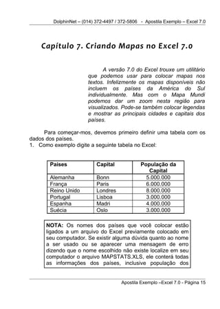 DolphinNet – (014) 372-4497 / 372-5806 - Apostila Exemplo – Excel 7.0




    Capítulo 7. Criando Mapas no Excel 7.0

                              A versão 7.0 do Excel trouxe um utilitário
                       que podemos usar para colocar mapas nos
                       textos. Infelizmente os mapas disponíveis não
                       incluem os países da América do Sul
                       individualmente. Mas com o Mapa Mundi
                       podemos dar um zoom nesta região para
                       visualizados. Pode-se também colocar legendas
                       e mostrar as principais cidades e capitais dos
                       países.

     Para começar-mos, devemos primeiro definir uma tabela com os
dados dos países.
1. Como exemplo digite a seguinte tabela no Excel:


       Países              Capital             População da
                                                  Capital
       Alemanha            Bonn                  5.000.000
       França              Paris                 6.000.000
       Reino Unido         Londres               8.000.000
       Portugal            Lisboa                3.000.000
       Espanha             Madri                 4.000.000
       Suécia              Oslo                  3.000.000

      NOTA: Os nomes dos países que você colocar estão
      ligados a um arquivo do Excel previamente colocado em
      seu computador. Se existir alguma dúvida quanto ao nome
      a ser usado ou se aparecer uma mensagem de erro
      dizendo que o nome escolhido não existe localize em seu
      computador o arquivo MAPSTATS.XLS, ele conterá todas
      as informações dos países, inclusive população dos


                                      Apostila Exemplo –Excel 7.0 - Página 15
 