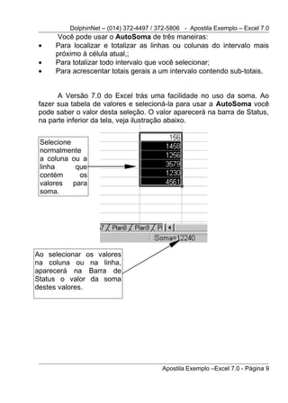 DolphinNet – (014) 372-4497 / 372-5806 - Apostila Exemplo – Excel 7.0
      Você pode usar o AutoSoma de três maneiras:
•    Para localizar e totalizar as linhas ou colunas do intervalo mais
     próximo à célula atual,;
•    Para totalizar todo intervalo que você selecionar;
•    Para acrescentar totais gerais a um intervalo contendo sub-totais.


      A Versão 7.0 do Excel trás uma facilidade no uso da soma. Ao
fazer sua tabela de valores e selecioná-la para usar a AutoSoma você
pode saber o valor desta seleção. O valor aparecerá na barra de Status,
na parte inferior da tela, veja ilustração abaixo.


 Selecione
 normalmente
 a coluna ou a
 linha     que
 contém     os
 valores para
 soma.




Ao selecionar os valores
na coluna ou na linha,
aparecerá na Barra de
Status o valor da soma
destes valores.




                                        Apostila Exemplo –Excel 7.0 - Página 9
 