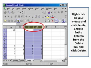 Right click
on your
mouse and
click delete.
Choose
Entire
Column
from the
Delete
Box and
click Delete.
 