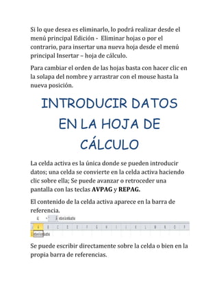 Si lo que desea es eliminarlo, lo podrá realizar desde el
menú principal Edición - Eliminar hojas o por el
contrario, para insertar una nueva hoja desde el menú
principal Insertar – hoja de cálculo.
Para cambiar el orden de las hojas basta con hacer clic en
la solapa del nombre y arrastrar con el mouse hasta la
nueva posición.
INTRODUCIR DATOS
EN LA HOJA DE
CÁLCULO
La celda activa es la única donde se pueden introducir
datos; una celda se convierte en la celda activa haciendo
clic sobre ella; Se puede avanzar o retroceder una
pantalla con las teclas AVPAG y REPAG.
El contenido de la celda activa aparece en la barra de
referencia.
Se puede escribir directamente sobre la celda o bien en la
propia barra de referencias.
 