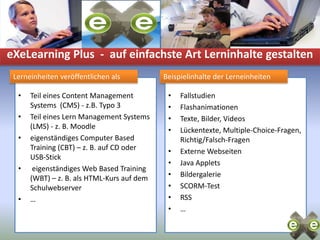 eXeLearning Plus  -  auf einfachste Art Lerninhalte gestaltenBeispielinhalte der LerneinheitenLerneinheiten veröffentlichen alsFallstudienFlashanimationenTexte, Bilder, VideosLückentexte, Multiple-Choice-Fragen, Richtig/Falsch-FragenExterne WebseitenJava AppletsBildergalerieSCORM-TestRSS…Teil eines Content Management Systems  (CMS) - z.B. Typo 3Teil eines Lern Management Systems (LMS) - z. B. Moodleeigenständiges Computer Based Training (CBT) – z. B. auf CD oder USB-Stick eigenständiges Web Based Training (WBT) – z. B. als HTML-Kurs auf dem Schulwebserver…