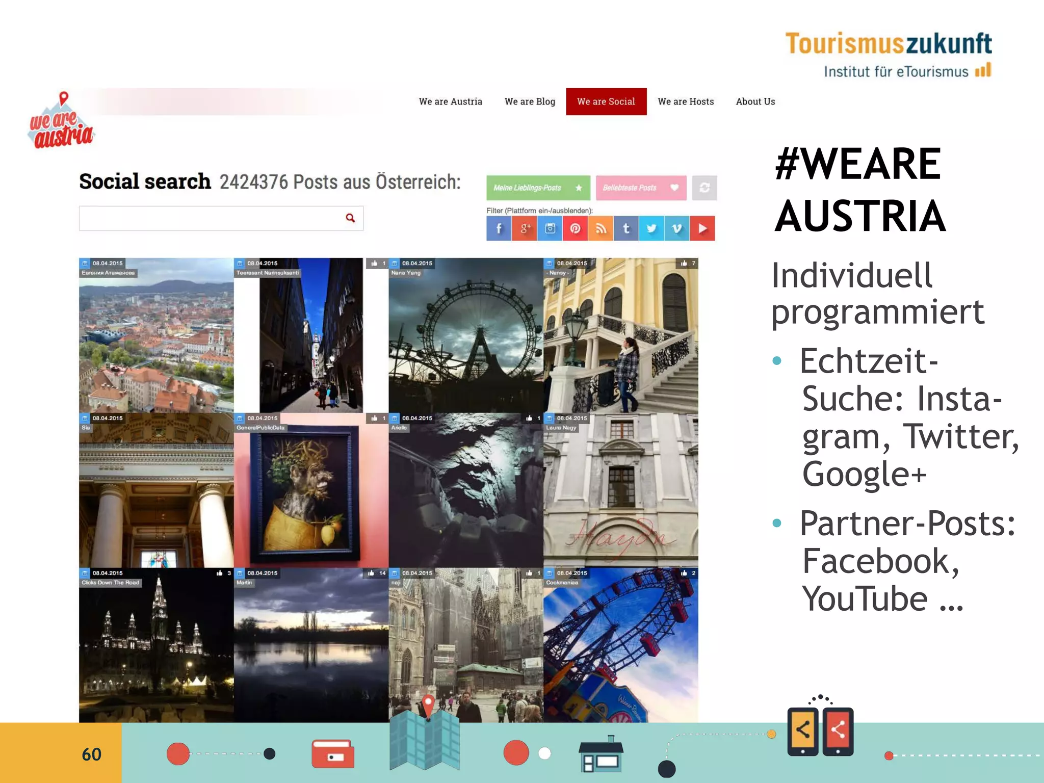 60
#WEARE
AUSTRIA
Individuell
programmiert
•  Echtzeit-
Suche: Insta-
gram, Twitter,
Google+
•  Partner-Posts:
Facebook,
YouTube …
 