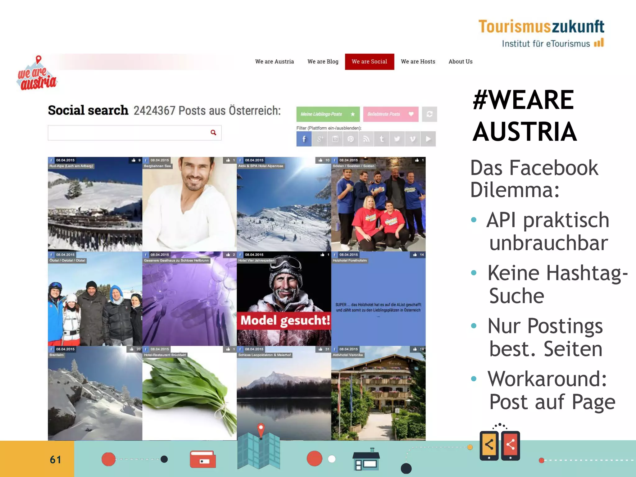 61
#WEARE
AUSTRIA
Das Facebook
Dilemma:
•  API praktisch
unbrauchbar
•  Keine Hashtag-
Suche
•  Nur Postings
best. Seiten
•  Workaround:
Post auf Page
 