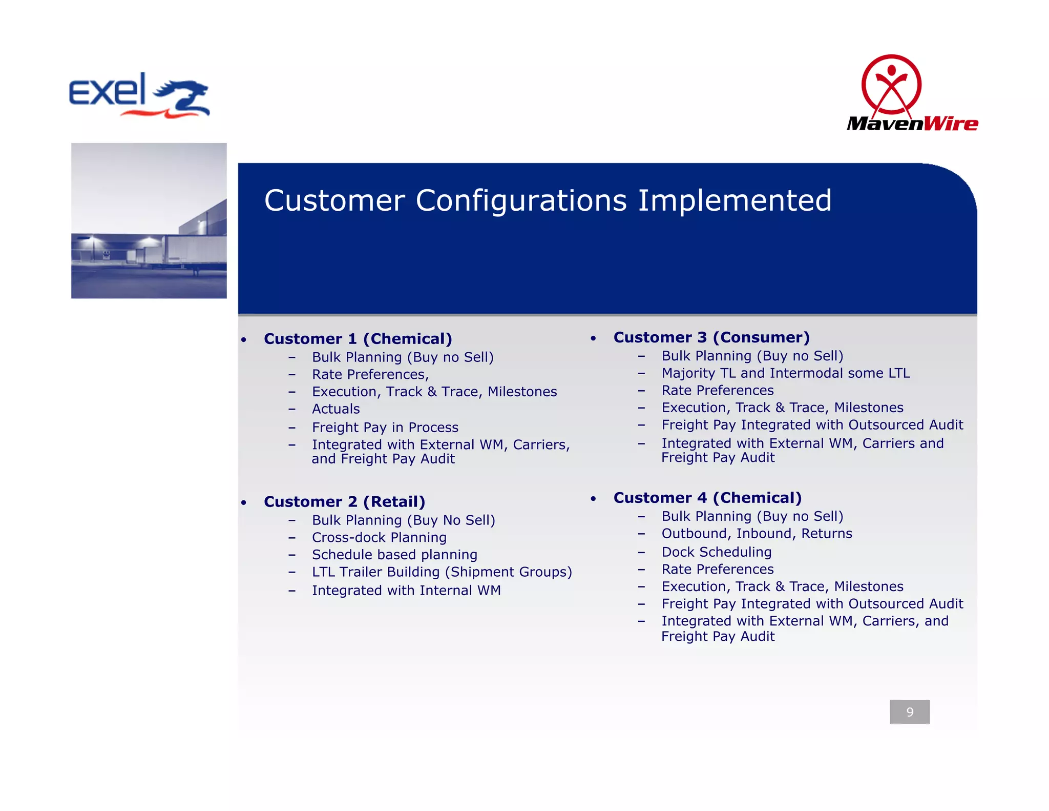 Customer Configurations Implemented



•    Customer 1 (Chemical)                           •    Customer 3 (Consumer)
       –    Bulk Planning (Buy no Sell)                     –    Bulk Planning (Buy no Sell)
       –    Rate Preferences,                               –    Majority TL and Intermodal some LTL
       –    Execution, Track & Trace, Milestones            –    Rate Preferences
       –    Actuals                                         –    Execution, Track & Trace, Milestones
       –    Freight Pay in Process                          –    Freight Pay Integrated with Outsourced Audit
       –    Integrated with External WM, Carriers,          –    Integrated with External WM, Carriers and
            and Freight Pay Audit                                Freight Pay Audit


•    Customer 2 (Retail)                             •    Customer 4 (Chemical)
       –    Bulk Planning (Buy No Sell)                     –    Bulk Planning (Buy no Sell)
       –    Cross-dock Planning                             –    Outbound, Inbound, Returns
       –    Schedule based planning                         –    Dock Scheduling
       –    LTL Trailer Building (Shipment Groups)          –    Rate Preferences
       –    Integrated with Internal WM                     –    Execution, Track & Trace, Milestones
                                                            –    Freight Pay Integrated with Outsourced Audit
                                                            –    Integrated with External WM, Carriers, and
                                                                 Freight Pay Audit




                                                                                                    9
 