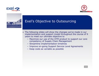 Exel’s Objective to Outsourcing


•  The following slides will show the changes we’ve made in our
  implementation and support model throughout the course of 9
  years to meet our ultimate objective to
    –  Maximize our use of the OTM product to support our core
       competency of Supply Chain Management
    –  Streamline Implementation timelines
    –  Improve on-going Support Service Level Agreements
    –  Keep costs as variable as possible




                                                             14
 