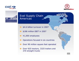 Exel Supply Chain
Americas


  $4.6 billion turnover in 2007

  $186 million EBIT in 2007

  41,000 employees

  Operations focused in six countries

  Over 90 million square feet operated

  Over 925 tractors, 3325 trailers and
   370 straight trucks
                                          4
 