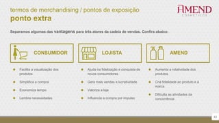 termos de merchandising / pontos de exposição
ponto extra
Separamos algumas das vantagens para três atores da cadeia de vendas. Confira abaixo:
43
 Facilita a visualização dos
produtos
 Simplifica a compra
 Economiza tempo
 Lembra necessidades
CONSUMIDOR LOJISTA AMEND
 Ajuda na fidelização e conquista de
novos consumidores
 Gera mais vendas e lucratividade
 Valoriza a loja
 Influencia a compra por impulso
 Aumenta a rotatividade dos
produtos
 Cria fidelidade ao produto e à
marca
 Dificulta as atividades da
concorrência
 