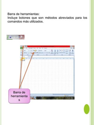 Barra de herramientas:
Incluye botones que son métodos abreviados para los
comandos más utilizados.




   Barra de
  herramienta
       s
 