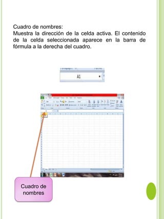 Cuadro de nombres:
Muestra la dirección de la celda activa. El contenido
de la celda seleccionada aparece en la barra de
fórmula a la derecha del cuadro.




   Cuadro de
    nombres
 