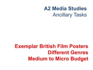 A2 Media Studies
              Ancillary Tasks




Exemplar British Film Posters
             Different Genres
    Medium to Micro Budget
 