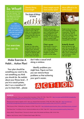 So What?

Obesity/Being
Overweight

Extra weight equals
more money spent

More difficult to be
active (Lazy)

Adult and childhood obesity
continue to grow. 68% of
adults are overweight/obese,
and there is a high risk of us
being just like them when we
are adults, unless we are
careful now.

Obesity costs American
companies $225.8 billion per
year in health-related losses.
Average healthcare costs
exceed $3000 per person
annually. An obese employee
costs an employer $460$2500 more (medical costs).

People are less active now
due to technology and better
transportation. Physically
active jobs only make up
25% of the workforce, which
is 50% less than 1950.
Physically inactive jobs have
increased 83% since 1950.

Sit Backs

Chair squats

Butterfly Breath

Sit down on a flat surface
(knees bent) with your arms
straight in front. Lean back
gradually (keeping your arms
straight and abdomen tight).
Then return to the starting
position slowly and repeat.

Stand directly in front of a
chair, and do a normal
squat, stopping right before
you touch the chair. Slowly
straighten to standing
position and then repeat.

Stand with feet hip width
apart with your ams lifted out
to the sides. Exhaling-lift your
right knee and touch your left
elbow using it. Inhaling-return
to the first position. Switch
sides and repeat.

There are many consequences
if you don’t exercise... and
they are not very pleasant.
These effects have changed
many people’s lives from
happy ones to sad and
negative ones.
DYK
If you had every
single muscle in your
body work together at the
same time, you could lift
about 50,000
pounds.

Fun exercises
you can do

Make Exercise A
Habit... Action Plan!
Your plan should be
something you want to do,
not something you think
you should do. Be realistic
about your fitness level... if
you’re a couch potato,
don’t run a marathon! If
you’re Usain Bolt... please

don’t take a casual stroll
along a rainbow.
Identify problems you
might face. Figure out how
you can remove those
problems so that achieving
your goal is easier.

SOURCES
"The Price of Inactivity." Heart.org. American Heart Association, 22 Mar. 2013. Web. 3 Sept. 2013. <http://www.heart.org/HEARTORG/GettingHealthy/
PhysicalActivity/StartWalking/The-Price-of-Inactivity_UCM_307974_Article.jsp>.
"Physical Activity Improves Quality of Life." Heart.org. American Heart Association, 22 Mar. 2013. Web. 3 Sept. 2013. <http://www.heart.org/
HEARTORG/GettingHealthy/PhysicalActivity/StartWalking/Physical-activity-improves-quality-of-life_UCM_307977_Article.jsp>.
"Why Exercise Is Wise." Kidshealth.org. Nemours, n.d. Web. 3 Sept. 2013. <http://kidshealth.org/teen/nutrition_fitness_center/fitness/exercise_wise.html>.
"Fun Fitness Facts." LoveToKnow Exercise. Exercise.lovetoknow.com, n.d. Web. 3 Sept. 2013. <http://exercise.lovetoknow.com/Fun_Fitness_Facts>.
Athreya, Balu H. "Physical Fitness." Decisions for Health. Austin: Holt, Rinehart and Winston, 2004. 142-45. Print
Sadgrove, Judy. Exercise. Austin, TX: Raintree Steck-Vaughn, 2000. Print.

 