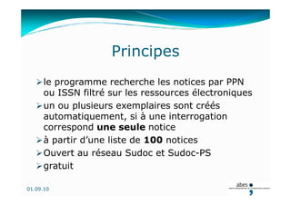 JCR Sudoc PS 2010 - Exemplarisation automatique des ressources électroniques