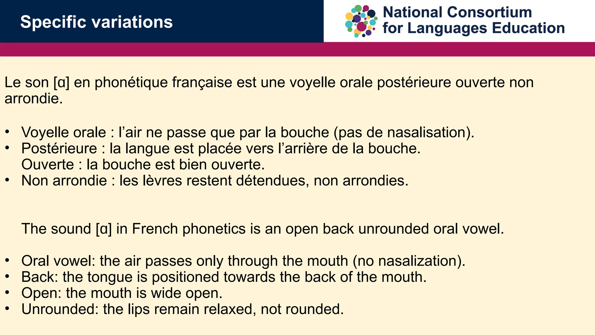 Le son [ ] en phon&eacute;tique fran&ccedil;aise est une voyelle orale post&eacute;rieure ouverte non
ɑ
arrondie.
&bull; Voyelle orale : l&rsquo;air ne passe que par la bouche (pas de nasalisation).
&bull; Post&eacute;rieure : la langue est plac&eacute;e vers l&rsquo;arri&egrave;re de la bouche.
Ouverte : la bouche est bien ouverte.
&bull; Non arrondie : les l&egrave;vres restent d&eacute;tendues, non arrondies.
The sound [ ] in French phonetics is an open back unrounded oral vowel.
ɑ
&bull; Oral vowel: the air passes only through the mouth (no nasalization).
&bull; Back: the tongue is positioned towards the back of the mouth.
&bull; Open: the mouth is wide open.
&bull; Unrounded: the lips remain relaxed, not rounded.
Specific variations
 