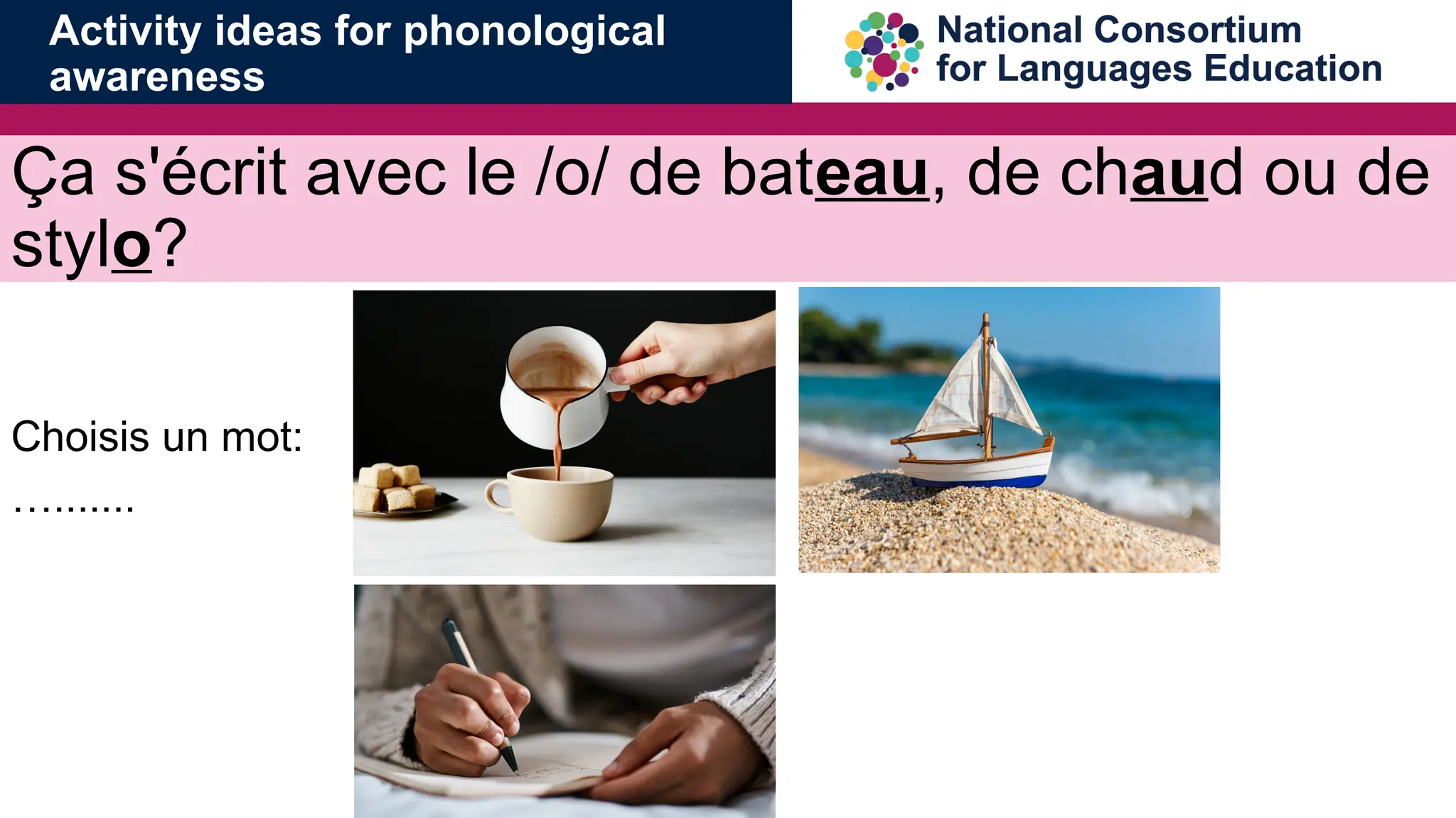 &Ccedil;a s'&eacute;crit avec le /o/ de bateau, de chaud ou de
stylo?
Choisis un mot:
&hellip;.......
Activity ideas for phonological
awareness
 
