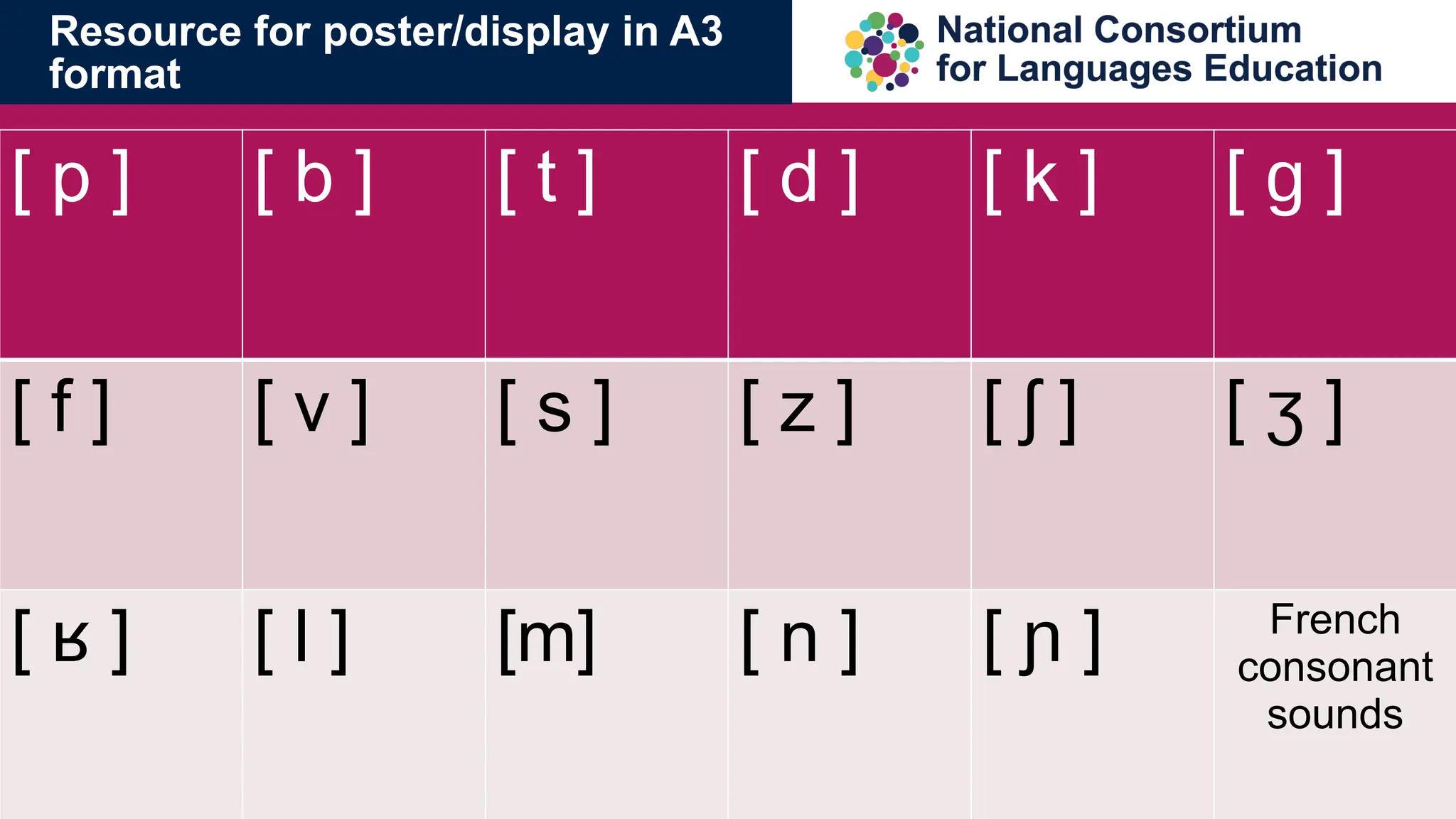 [ p ] [ b ] [ t ] [ d ] [ k ] [ ]
ɡ
[ f ] [ v ] [ s ] [ z ] [ ]
ʃ [ ]
ʒ
[ ]
ʁ [ l ] [m] [ n ] [ ]
ɲ French
consonant
sounds
Resource for poster/display in A3
format
 