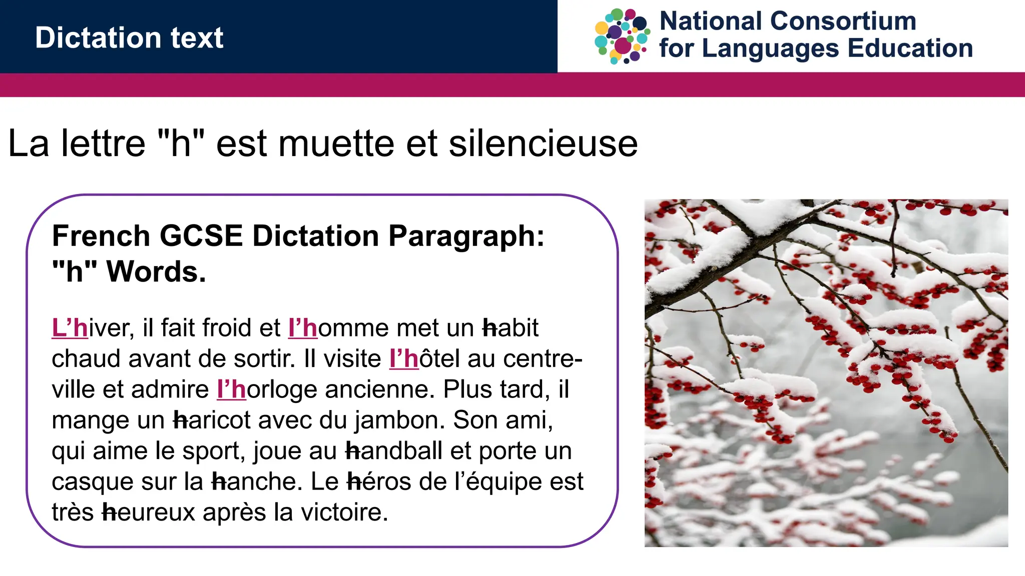 La lettre "h" est muette et silencieuse
French GCSE Dictation Paragraph:
"h" Words.
L&rsquo;hiver, il fait froid et l&rsquo;homme met un habit
chaud avant de sortir. Il visite l&rsquo;h&ocirc;tel au centre-
ville et admire l&rsquo;horloge ancienne. Plus tard, il
mange un haricot avec du jambon. Son ami,
qui aime le sport, joue au handball et porte un
casque sur la hanche. Le h&eacute;ros de l&rsquo;&eacute;quipe est
tr&egrave;s heureux apr&egrave;s la victoire.
Dictation text
 
