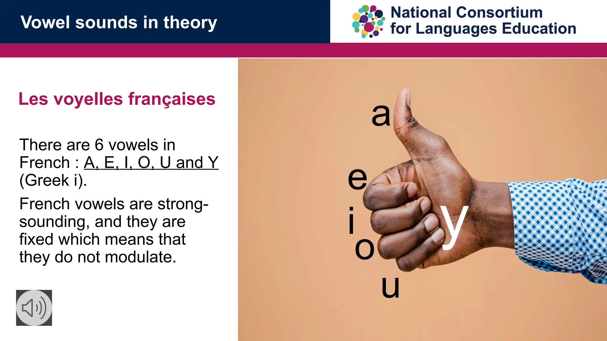 Les voyelles fran&ccedil;aises
There are 6 vowels in
French : A, E, I, O, U and Y
(Greek i).
French vowels are strong-
sounding, and they are
fixed which means that
they do not modulate.
a
e
i
o
u
y
Vowel sounds in theory
 