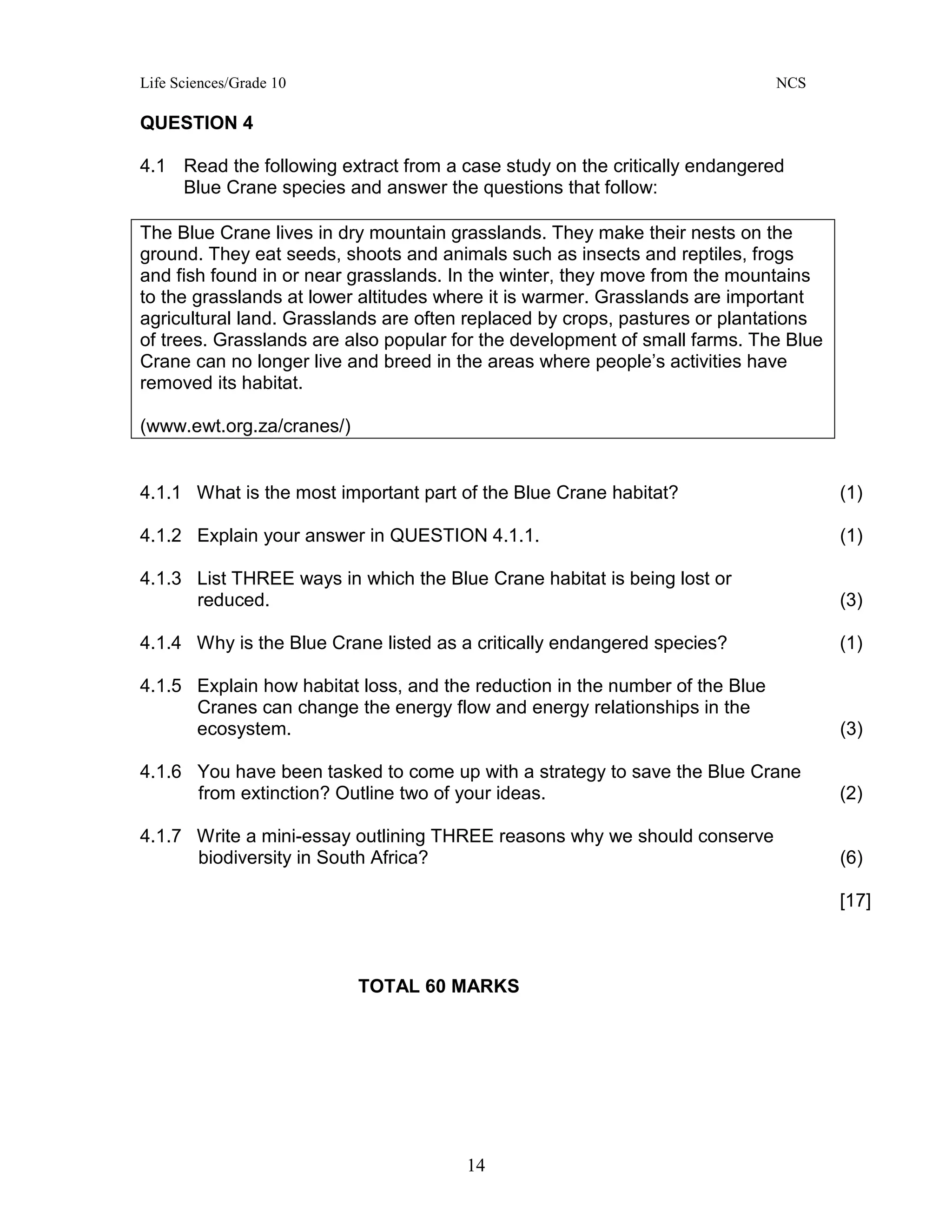 Life Sciences/Grade 10 NCS
14
QUESTION 4
4.1 Read the following extract from a case study on the critically endangered
Blue Crane species and answer the questions that follow:
The Blue Crane lives in dry mountain grasslands. They make their nests on the
ground. They eat seeds, shoots and animals such as insects and reptiles, frogs
and fish found in or near grasslands. In the winter, they move from the mountains
to the grasslands at lower altitudes where it is warmer. Grasslands are important
agricultural land. Grasslands are often replaced by crops, pastures or plantations
of trees. Grasslands are also popular for the development of small farms. The Blue
Crane can no longer live and breed in the areas where people’s activities have
removed its habitat.
(www.ewt.org.za/cranes/)
4.1.1 What is the most important part of the Blue Crane habitat? (1)
4.1.2 Explain your answer in QUESTION 4.1.1. (1)
4.1.3 List THREE ways in which the Blue Crane habitat is being lost or
reduced. (3)
4.1.4 Why is the Blue Crane listed as a critically endangered species? (1)
4.1.5 Explain how habitat loss, and the reduction in the number of the Blue
Cranes can change the energy flow and energy relationships in the
ecosystem. (3)
4.1.6 You have been tasked to come up with a strategy to save the Blue Crane
from extinction? Outline two of your ideas. (2)
4.1.7 Write a mini-essay outlining THREE reasons why we should conserve
biodiversity in South Africa? (6)
[17]
TOTAL 60 MARKS
 