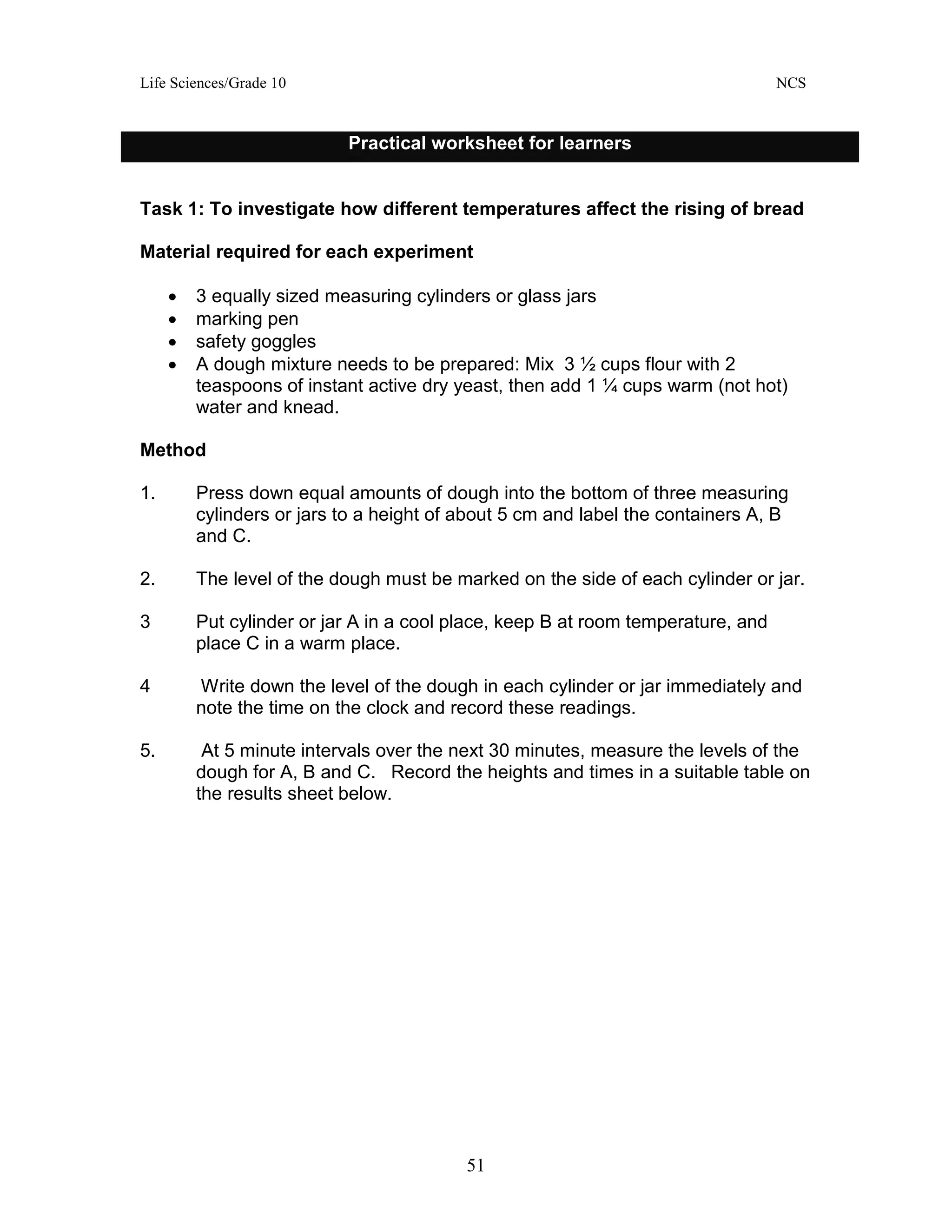 Life Sciences/Grade 10 NCS
51
Task 1: To investigate how different temperatures affect the rising of bread
Material required for each experiment
• 3 equally sized measuring cylinders or glass jars
• marking pen
• safety goggles
• A dough mixture needs to be prepared: Mix 3 ½ cups flour with 2
teaspoons of instant active dry yeast, then add 1 ¼ cups warm (not hot)
water and knead.
Method
1. Press down equal amounts of dough into the bottom of three measuring
cylinders or jars to a height of about 5 cm and label the containers A, B
and C.
2. The level of the dough must be marked on the side of each cylinder or jar.
3 Put cylinder or jar A in a cool place, keep B at room temperature, and
place C in a warm place.
4 Write down the level of the dough in each cylinder or jar immediately and
note the time on the clock and record these readings.
5. At 5 minute intervals over the next 30 minutes, measure the levels of the
dough for A, B and C. Record the heights and times in a suitable table on
the results sheet below.
Practical worksheet for learners
 