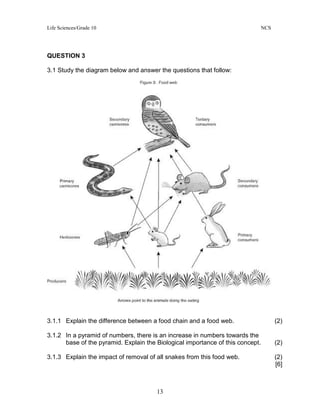 Life Sciences/Grade 10 NCS
13
QUESTION 3
3.1 Study the diagram below and answer the questions that follow:
3.1.1 Explain the difference between a food chain and a food web. (2)
3.1.2 In a pyramid of numbers, there is an increase in numbers towards the
base of the pyramid. Explain the Biological importance of this concept. (2)
3.1.3 Explain the impact of removal of all snakes from this food web. (2)
[6]
 