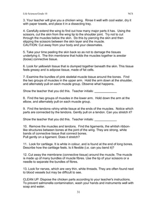 Life Sciences/Grade 10 NCS
31
3. Your teacher will give you a chicken wing. Rinse it well with cool water, dry it
with paper towels, and place it in a dissecting tray.
4. Carefully extend the wing to find out how many major parts it has. Using the
scissors, cut the skin from the wing tip to the shoulder joint. Try not to cut
through the muscles below the skin. Do this by piercing the skin and then
slipping the scissors between the skin layer and the muscle.
CAUTION: Cut away from your body and your classmates.
5. Take your time peeling the skin back so as not to damage the tissues
underlying it. The thin membrane that holds the muscles together is areolar
(loose) connective tissue.
6. Look for yellowish tissue that is clumped together beneath the skin. This tissue
feels greasy and is adipose tissue, made of fat cells.
7. Examine the bundles of pink skeletal muscle tissue around the bones. Find
the two groups of muscles in the upper arm. Hold the arm down at the shoulder,
and alternately pull on each muscle group. Observe what happens.
Show the teacher that you did this. Teacher initials: _____________
8. Find the two groups of muscles in the lower arm. Hold down the arm at the
elbow, and alternately pull on each muscle group.
9. Find the tendons--shiny white tissue at the ends of the muscles. Notice which
parts are connected by the tendons. Gently pull on a tendon. Can you stretch it?
Show the teacher that you did this. Teacher initials: _____________
10. Remove the muscles and tendons. Find the ligaments, the whitish ribbon-
like structures between bones at the joint of the wing. They are strong, white
bands of connective tissue that connect bones.
Pull gently on a ligament. Does it stretch?
11. Look for cartilage. It is white in colour, and is found at the end of long bones.
Describe how the cartilage feels. Is it flexible (i.e. can you bend it)?
12. Cut away the membrane (connective tissue) around the muscle. The muscle
is made up of many bundles of muscle fibres. Use the tip of your scissors or a
needle to separate the bundles of fibres.
13. Look for nerves, which are very thin, white threads. They are often found next
to blood vessels but may be difficult to see.
CLEAN UP: Dispose the chicken parts according to your teacher's instructions.
To prevent salmonella contamination, wash your hands and instruments well with
soap and water.
 