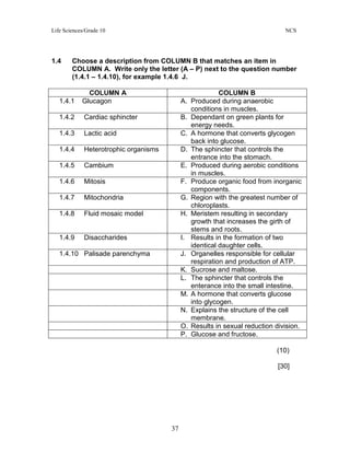 Life Sciences/Grade 10 NCS
37
1.4 Choose a description from COLUMN B that matches an item in
COLUMN A. Write only the letter (A – P) next to the question number
(1.4.1 – 1.4.10), for example 1.4.6 J.
COLUMN A COLUMN B
1.4.1 Glucagon A. Produced during anaerobic
conditions in muscles.
1.4.2 Cardiac sphincter B. Dependant on green plants for
energy needs.
1.4.3 Lactic acid C. A hormone that converts glycogen
back into glucose.
1.4.4 Heterotrophic organisms D. The sphincter that controls the
entrance into the stomach.
1.4.5 Cambium E. Produced during aerobic conditions
in muscles.
1.4.6 Mitosis F. Produce organic food from inorganic
components.
1.4.7 Mitochondria G. Region with the greatest number of
chloroplasts.
1.4.8 Fluid mosaic model H. Meristem resulting in secondary
growth that increases the girth of
stems and roots.
1.4.9 Disaccharides I. Results in the formation of two
identical daughter cells.
1.4.10 Palisade parenchyma J. Organelles responsible for cellular
respiration and production of ATP.
K. Sucrose and maltose.
L. The sphincter that controls the
enterance into the small intestine.
M. A hormone that converts glucose
into glycogen.
N. Explains the structure of the cell
membrane.
O. Results in sexual reduction division.
P. Glucose and fructose.
(10)
[30]
 