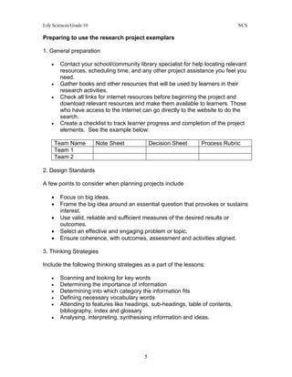 Life Sciences/Grade 10 NCS
5
Preparing to use the research project exemplars
1. General preparation
• Contact your school/community library specialist for help locating relevant
resources, scheduling time, and any other project assistance you feel you
need.
• Gather books and other resources that will be used by learners in their
research activities.
• Check all links for internet resources before beginning the project and
download relevant resources and make them available to learners. Those
who have access to the Internet can go directly to the website to do the
search.
• Create a checklist to track learner progress and completion of the project
elements. See the example below:
Team Name Note Sheet Decision Sheet Process Rubric
Team 1
Team 2
2. Design Standards
A few points to consider when planning projects include
• Focus on big ideas.
• Frame the big idea around an essential question that provokes or sustains
interest.
• Use valid, reliable and sufficient measures of the desired results or
outcomes.
• Select an effective and engaging problem or topic.
• Ensure coherence, with outcomes, assessment and activities aligned.
3. Thinking Strategies
Include the following thinking strategies as a part of the lessons:
• Scanning and looking for key words
• Determining the importance of information
• Determining into which category the information fits
• Defining necessary vocabulary words
• Attending to features like headings, sub-headings, table of contents,
bibliography, index and glossary
• Analysing, interpreting, synthesising information and ideas.
 