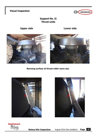 Page
August 2016 (Hot condition)
Rotary Kiln Inspection
GeoCement
GeoCement
47
Visual Inspection
Support No. II
Thrust units
Running surface of thrust roller worn out.
Upper side Lower side
 