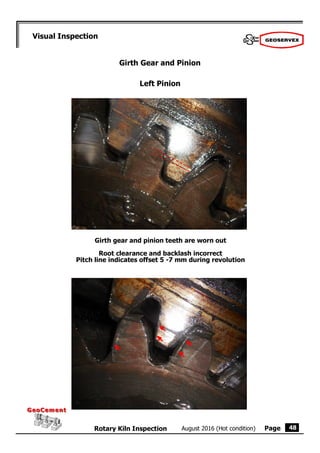 Page
August 2016 (Hot condition)
Rotary Kiln Inspection
GeoCement
GeoCement
Visual Inspection
48
Girth Gear and Pinion
Left Pinion
Girth gear and pinion teeth are worn out
Root clearance and backlash incorrect
Pitch line indicates offset 5 -7 mm during revolution
 